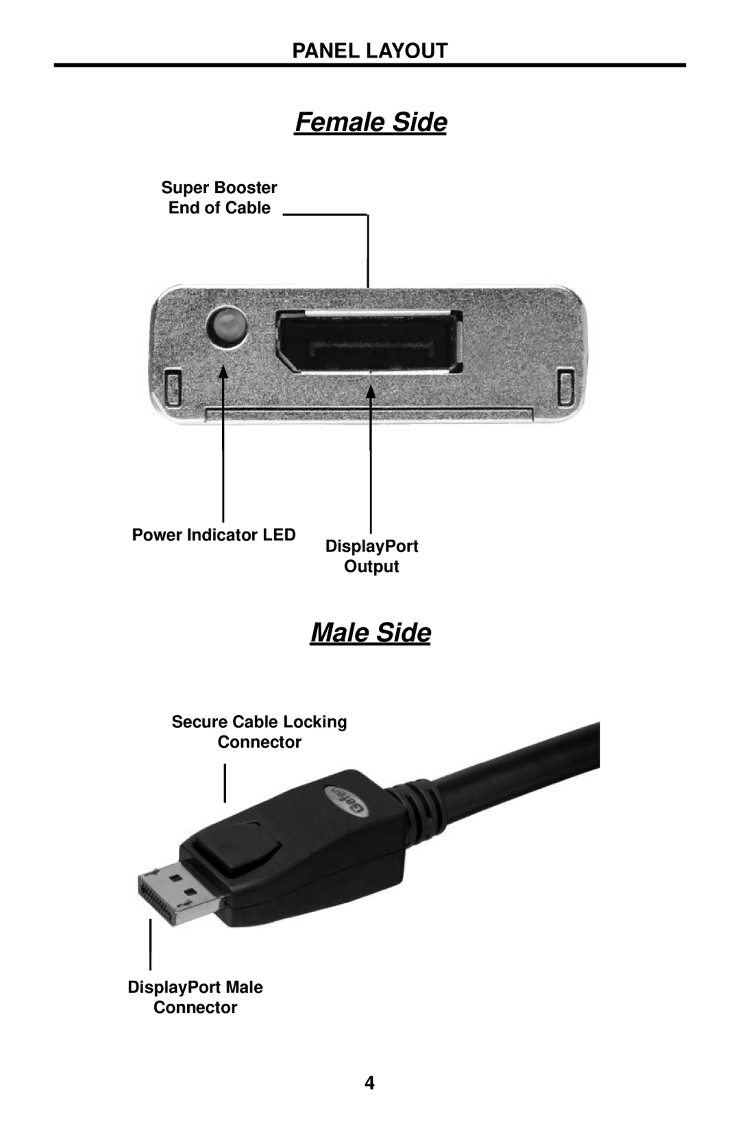 Gefen EXT-DPSB-100, EXT-DPSB-75, EXT-DPSB-50 user manual Panel Layout, Secure Cable Locking Connector DisplayPort Male 