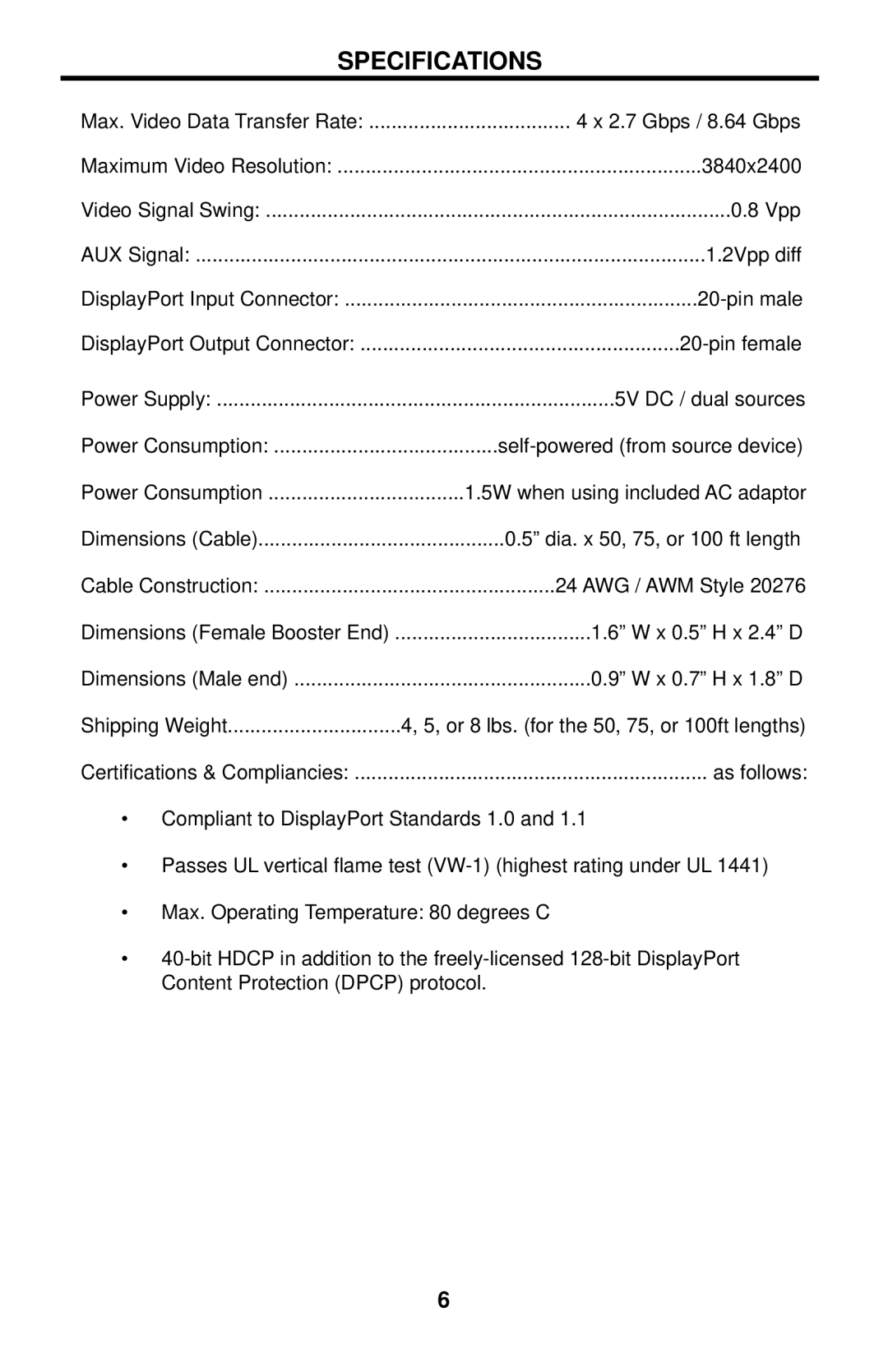 Gefen EXT-DPSB-75, EXT-DPSB-100, EXT-DPSB-50 user manual Specifications 