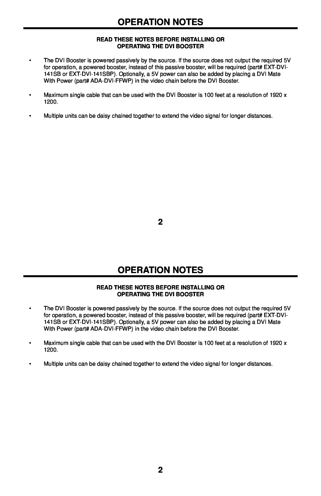 Gefen EXT-DVI-141B user manual Operation Notes, Read These Notes Before Installing Or Operating The Dvi Booster 