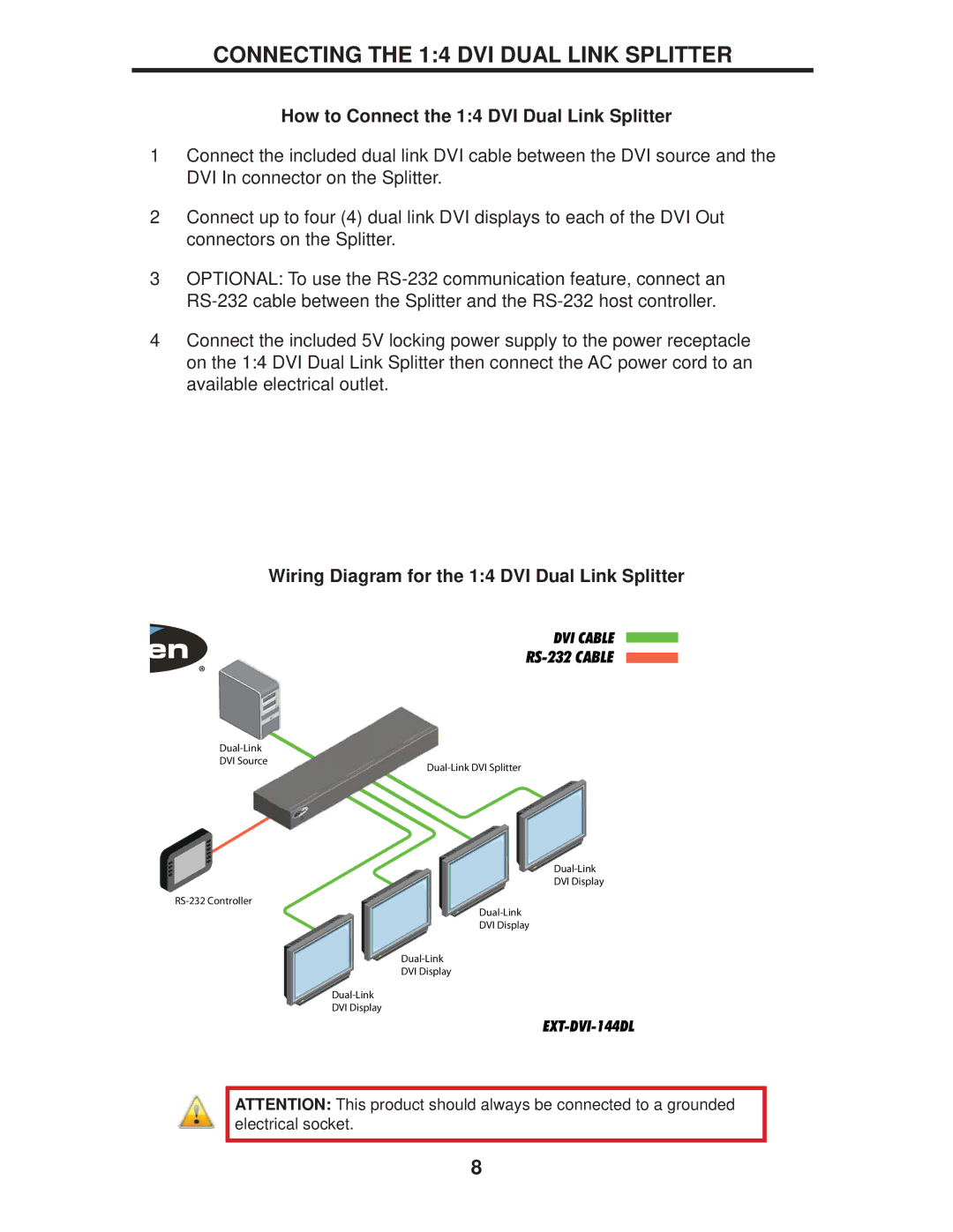 Gefen EXT-DVI-144DL user manual Connecting the 14 DVI Dual Link Splitter, How to Connect the 14 DVI Dual Link Splitter 