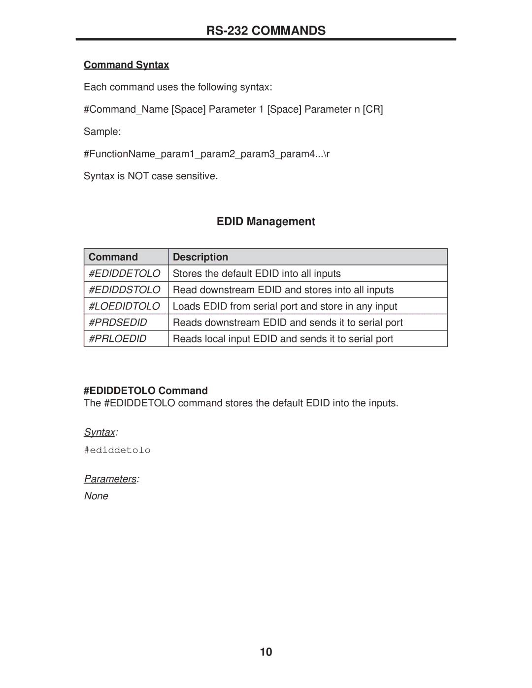 Gefen EXT-DVI-144DL user manual RS-232 Commands, Command Syntax, #EDIDDETOLO Command 