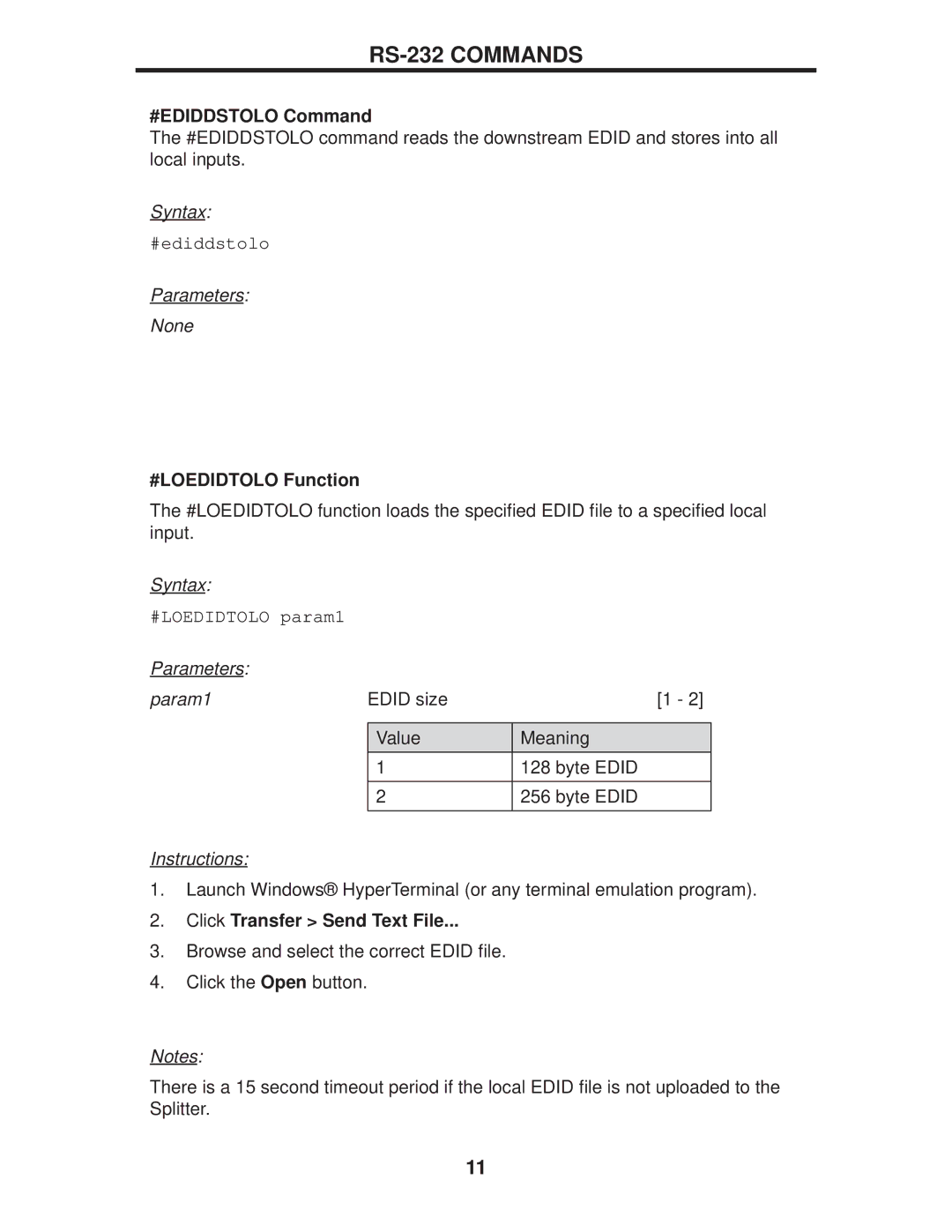 Gefen EXT-DVI-144DL user manual #EDIDDSTOLO Command, #LOEDIDTOLO Function, Click Transfer Send Text File 