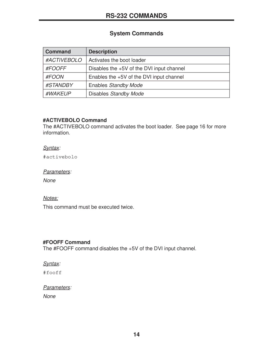 Gefen EXT-DVI-144DL user manual #ACTIVEBOLO Command, #FOOFF Command 