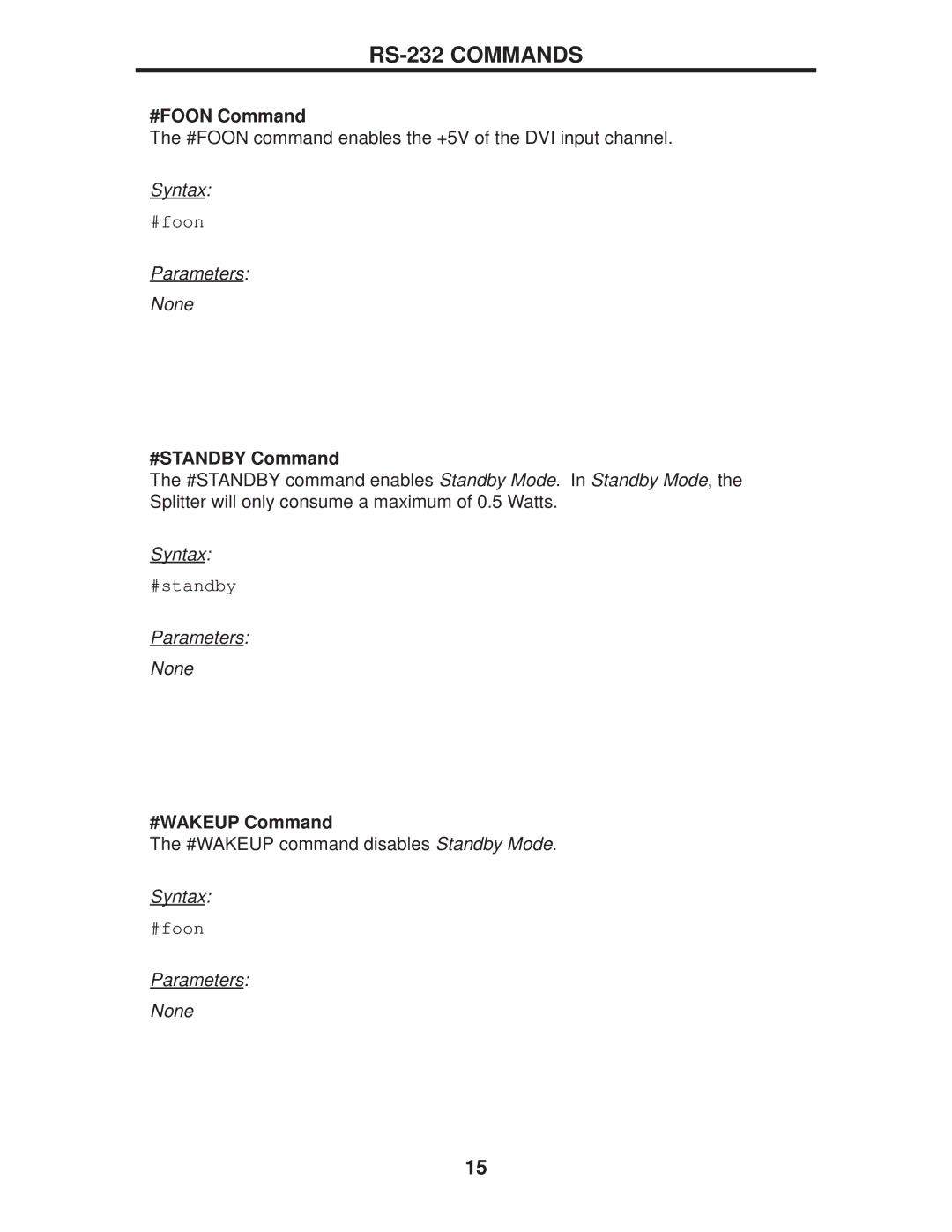 Gefen EXT-DVI-144DL user manual #FOON Command, #STANDBY Command, #WAKEUP Command 