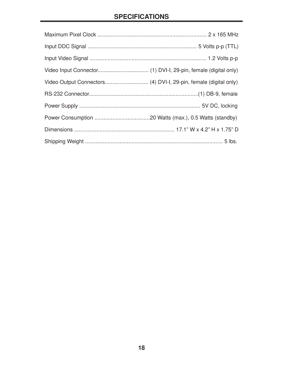 Gefen EXT-DVI-144DL user manual Specifications 