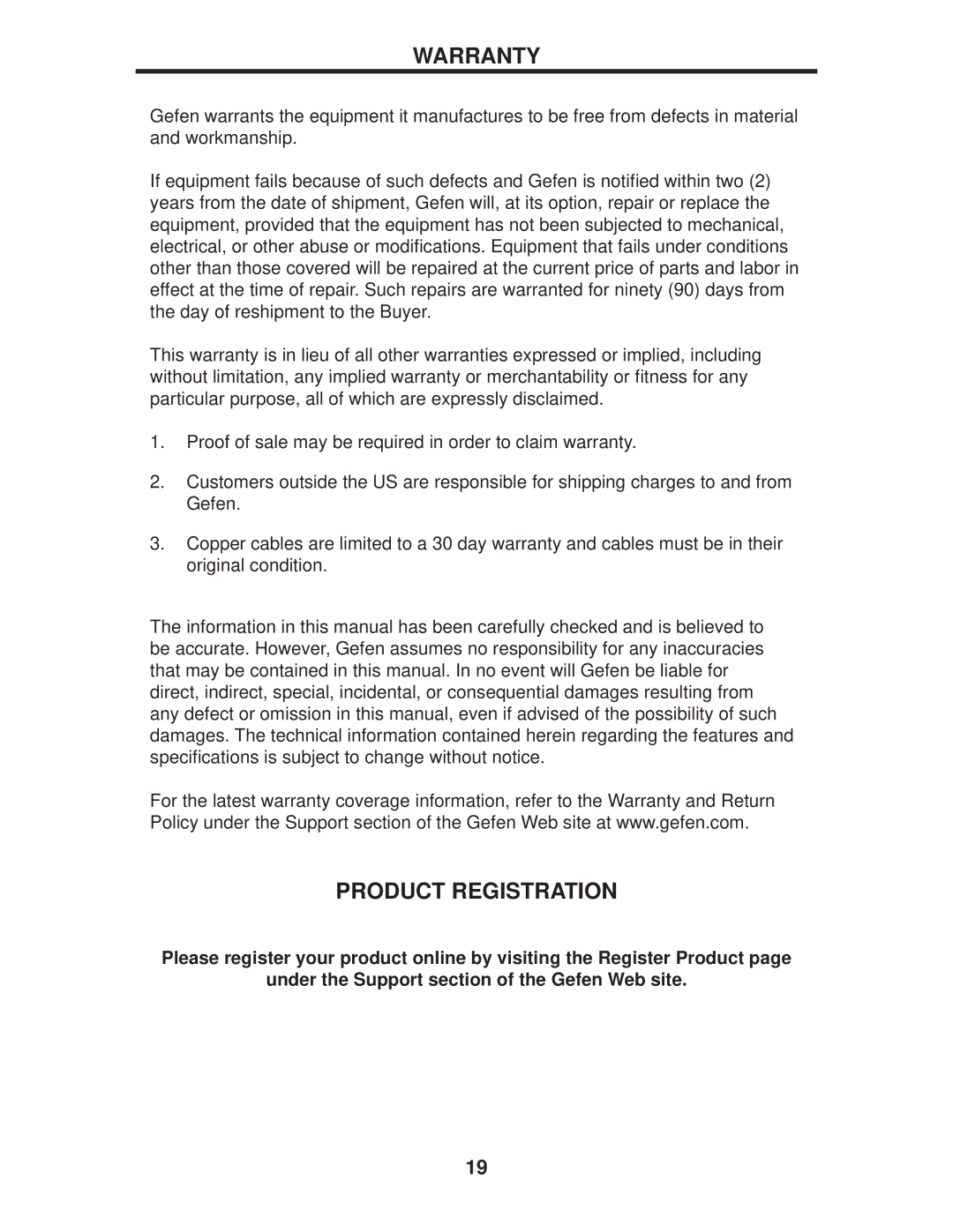 Gefen EXT-DVI-144DL user manual Warranty, Product Registration 