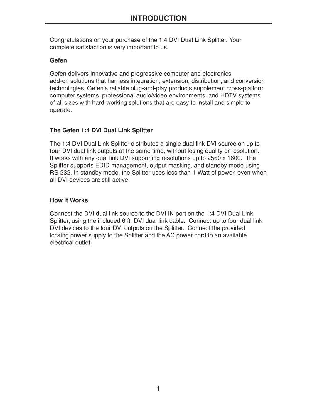 Gefen EXT-DVI-144DL user manual Introduction, Gefen 14 DVI Dual Link Splitter, How It Works 