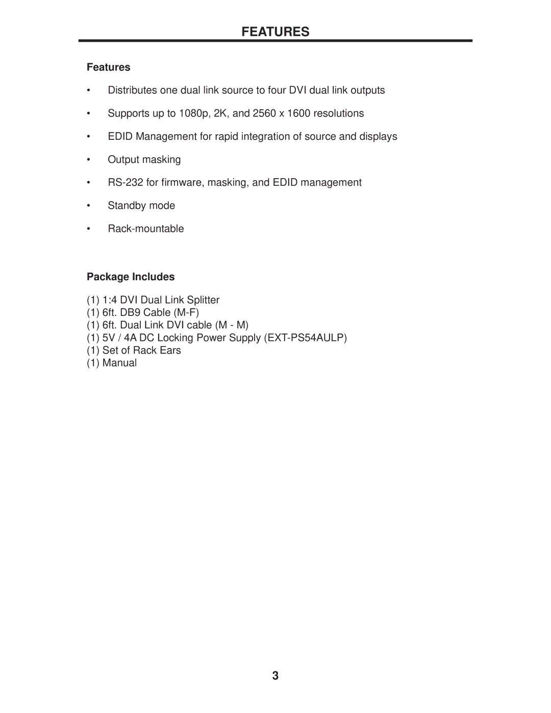 Gefen EXT-DVI-144DL user manual Features, Package Includes 