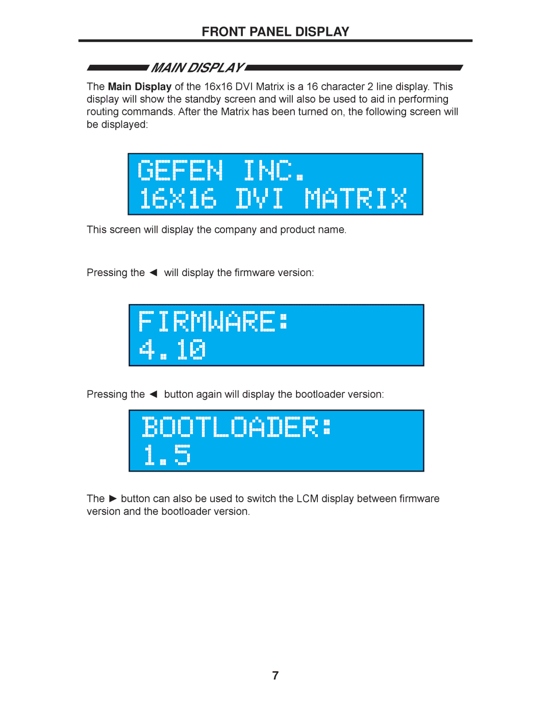 Gefen EXT-DVI-16416 manual Front Panel Display, Main Display 