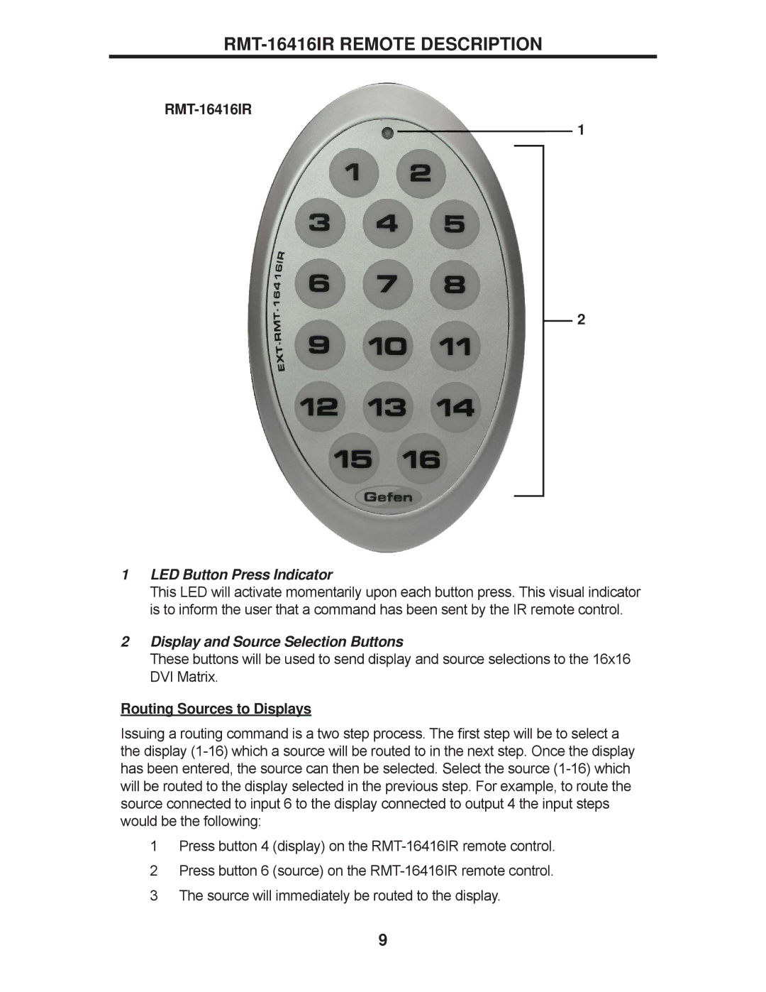 Gefen EXT-DVI-16416 manual RMT-16416IR Remote Description, Routing Sources to Displays 