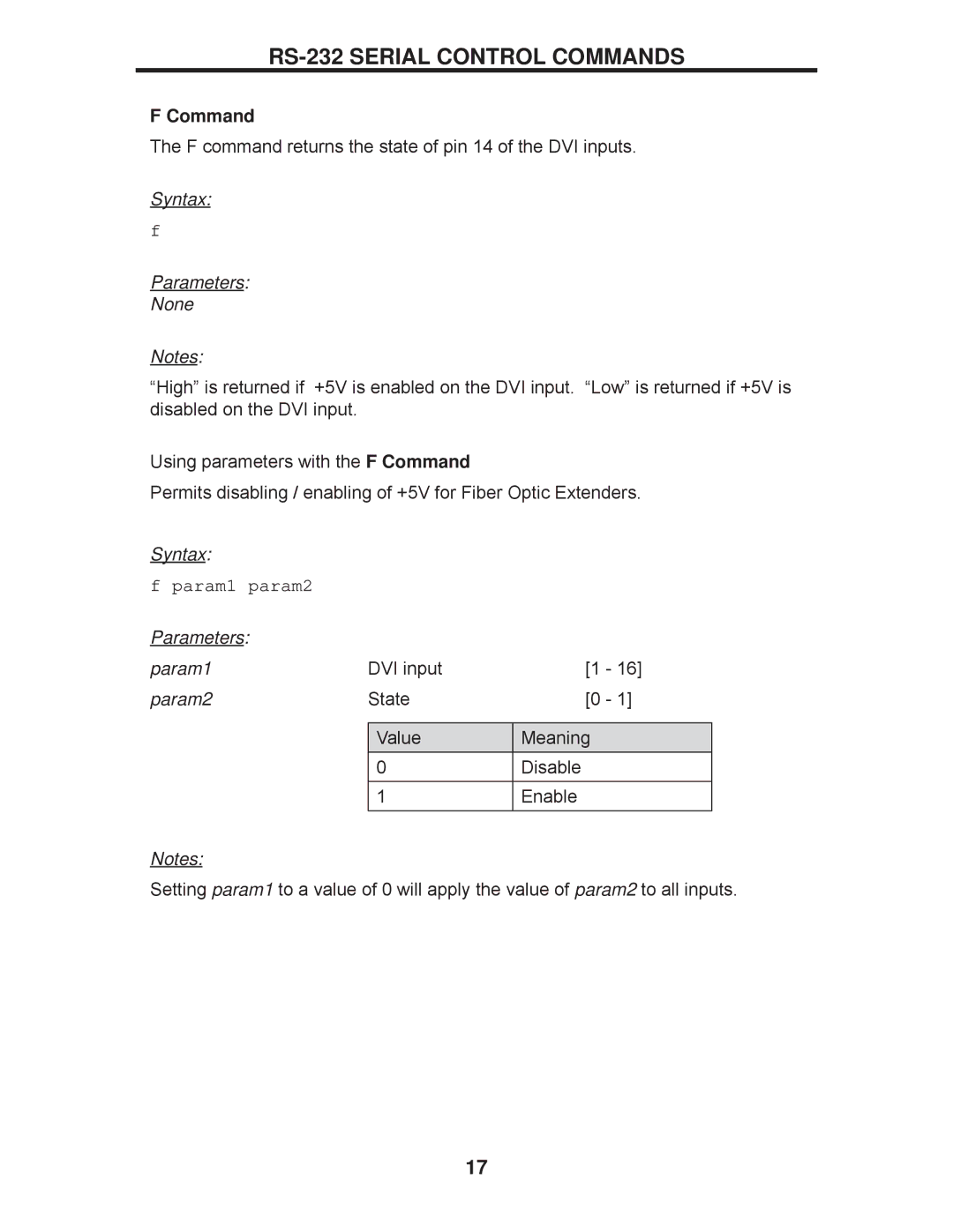 Gefen EXT-DVI-16416 manual F command returns the state of pin 14 of the DVI inputs 