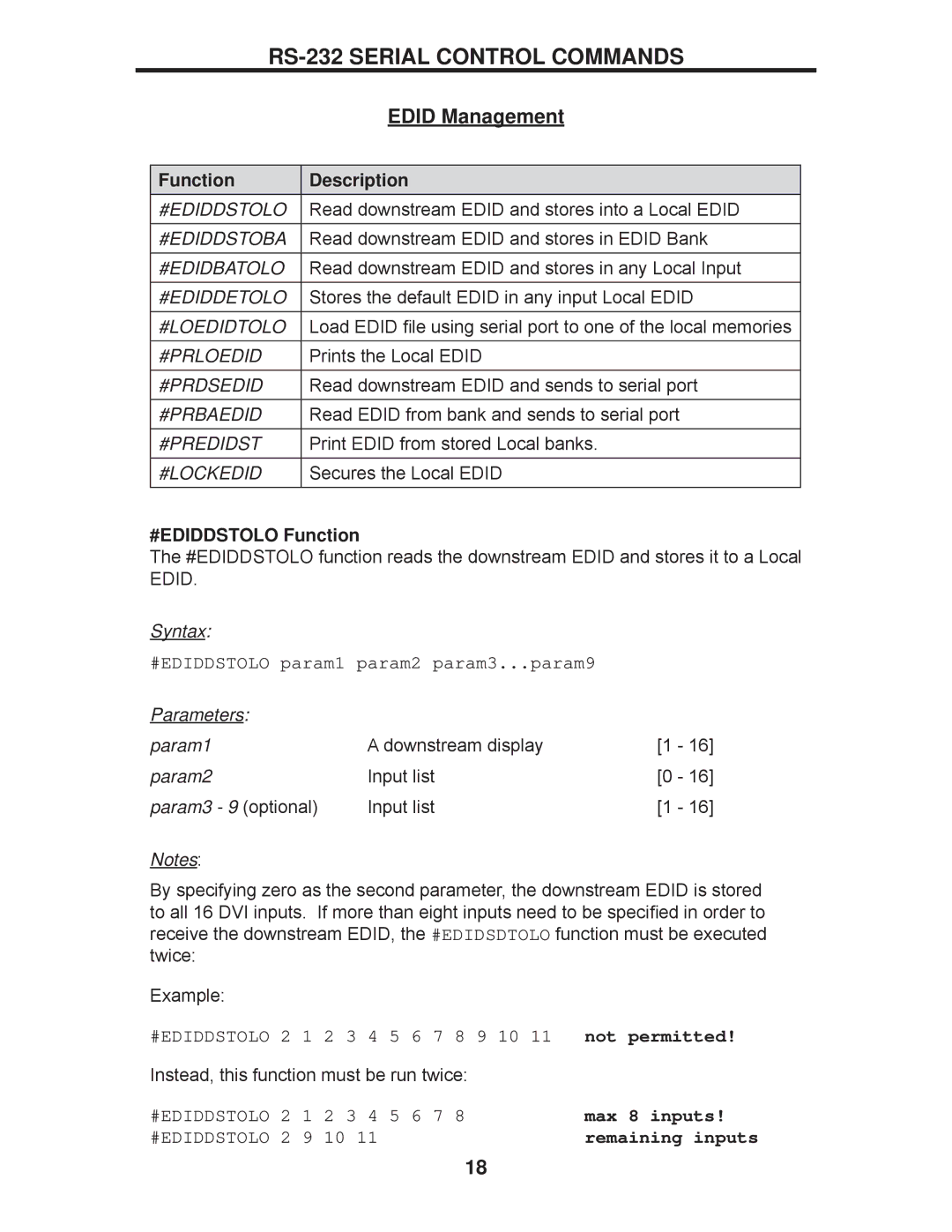 Gefen EXT-DVI-16416 manual #EDIDDSTOLO Function, #EDIDDSTOLO param1 param2 param3...param9 