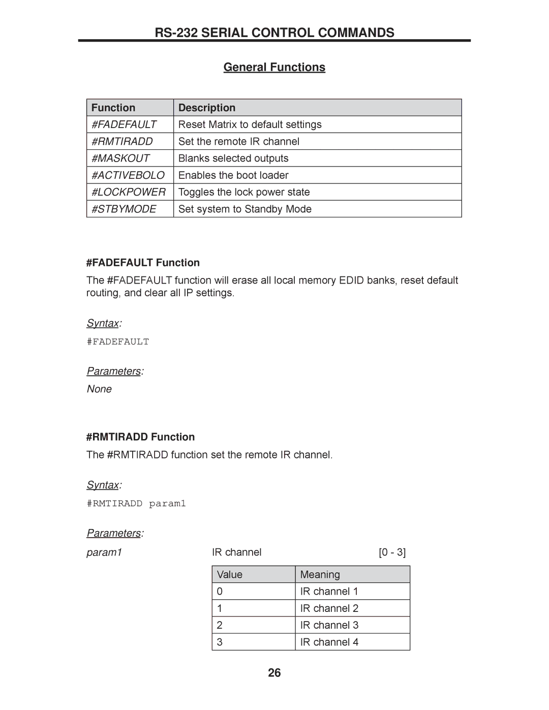 Gefen EXT-DVI-16416 manual #FADEFAULT Function, #RMTIRADD Function, #RMTIRADD param1 