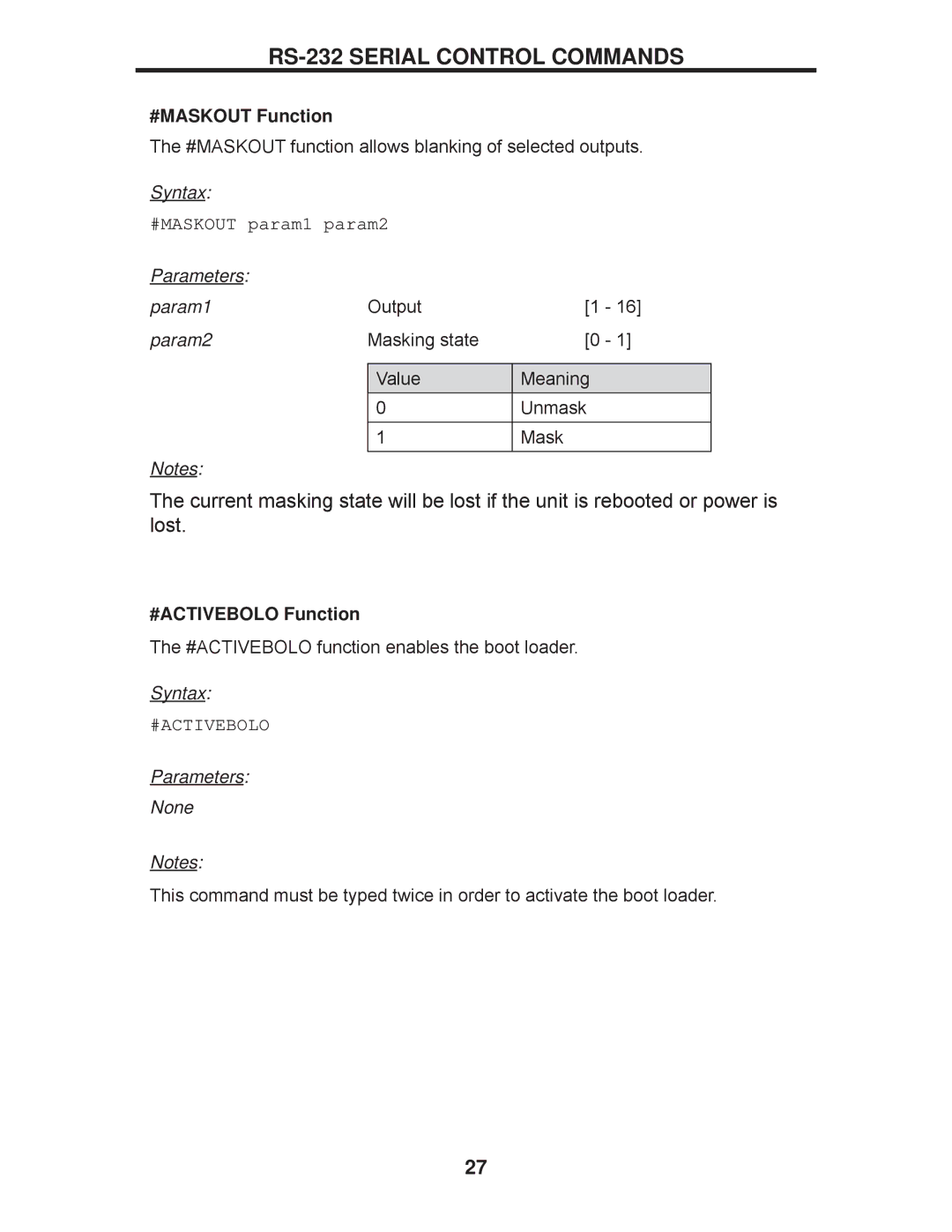 Gefen EXT-DVI-16416 manual #MASKOUT Function, #MASKOUT param1 param2, #ACTIVEBOLO Function 