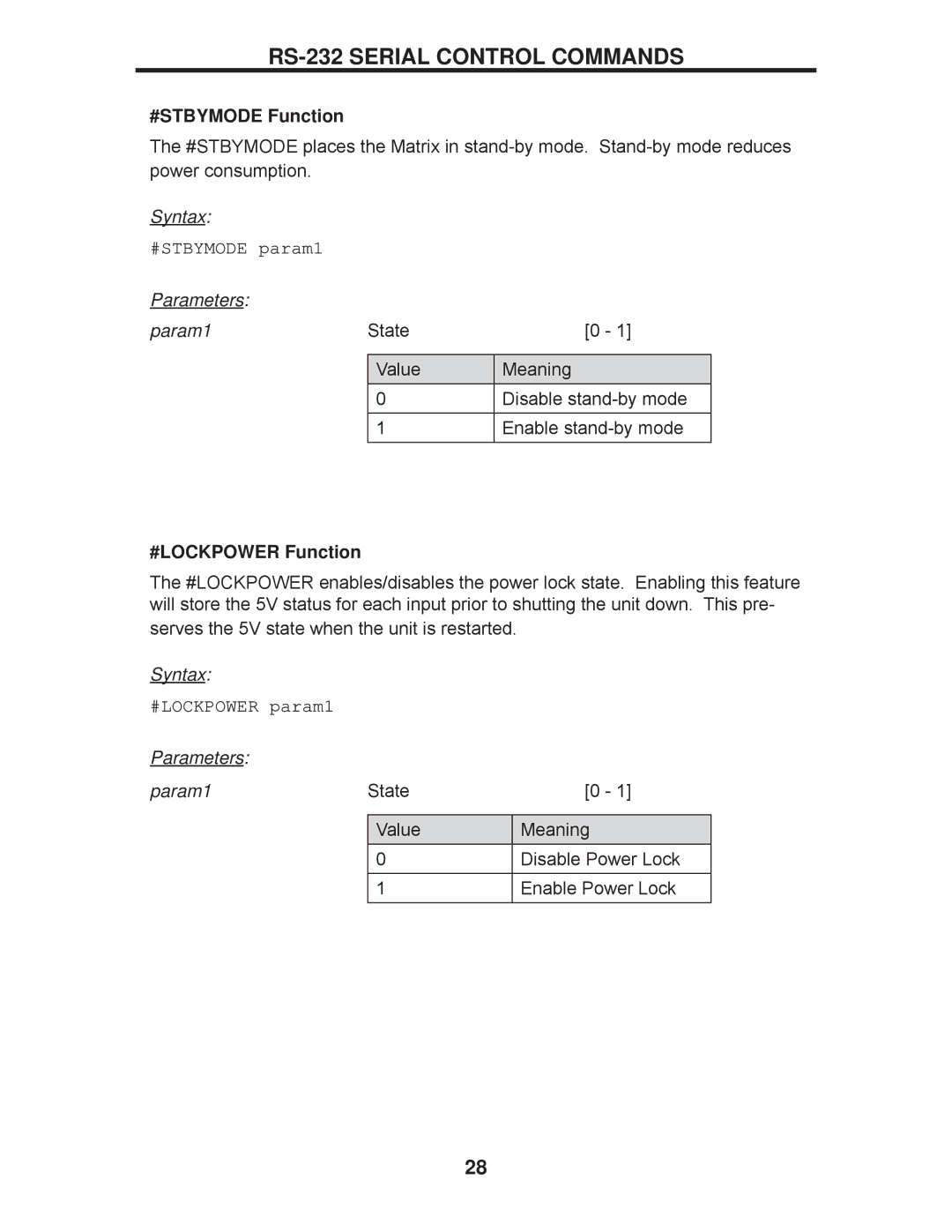 Gefen EXT-DVI-16416 manual #STBYMODE Function, #STBYMODE param1, #LOCKPOWER Function, #LOCKPOWER param1 