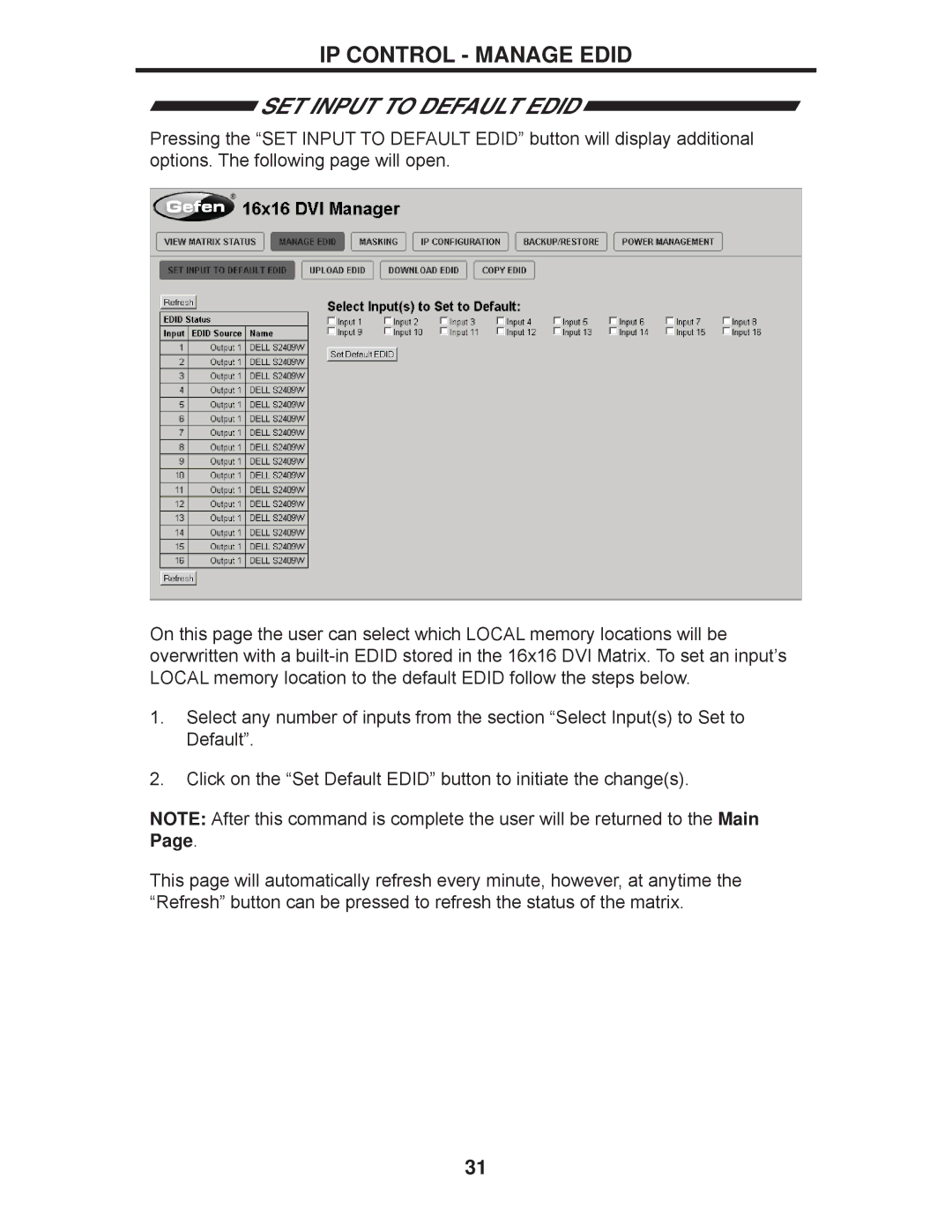 Gefen EXT-DVI-16416 manual SET Input to Default Edid 