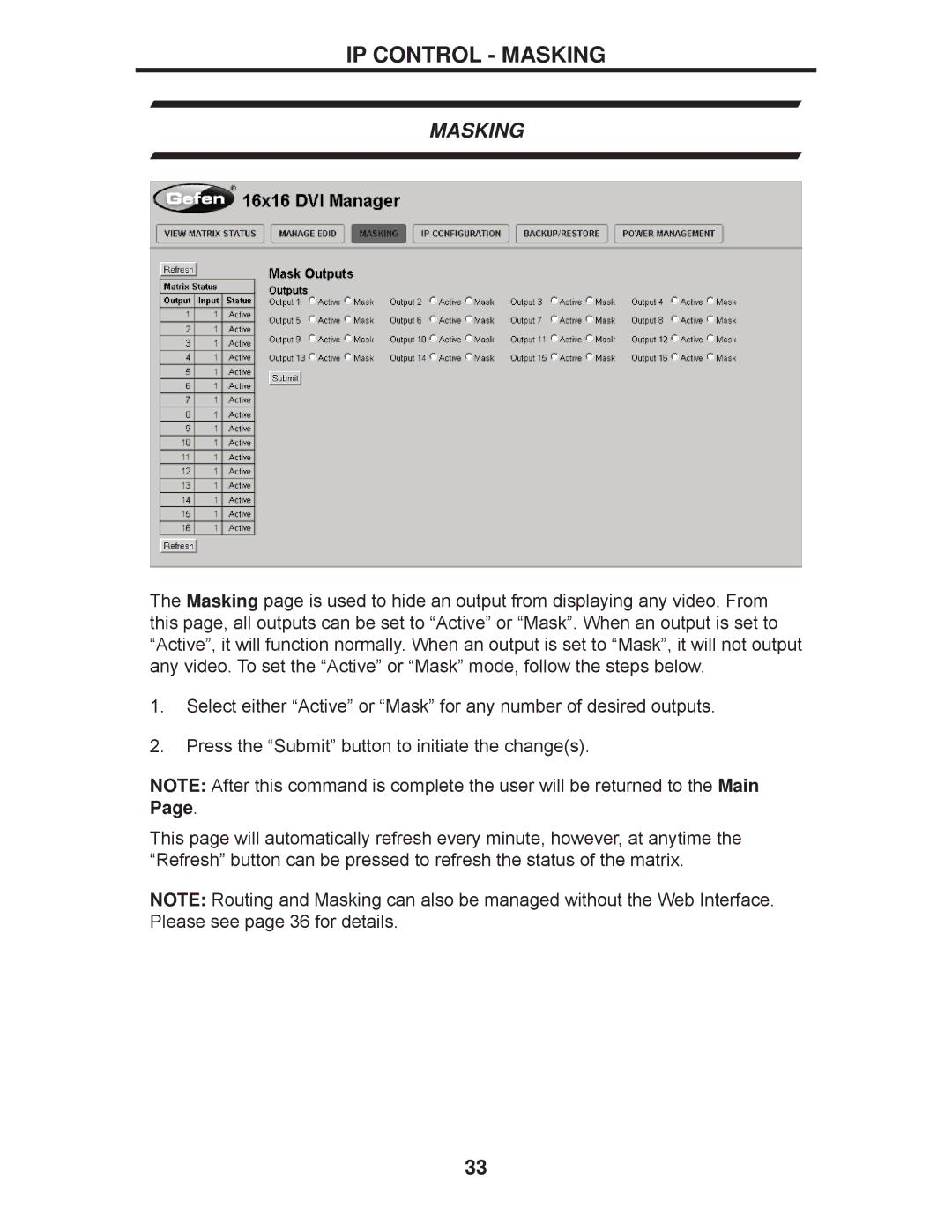 Gefen EXT-DVI-16416 manual IP Control Masking 