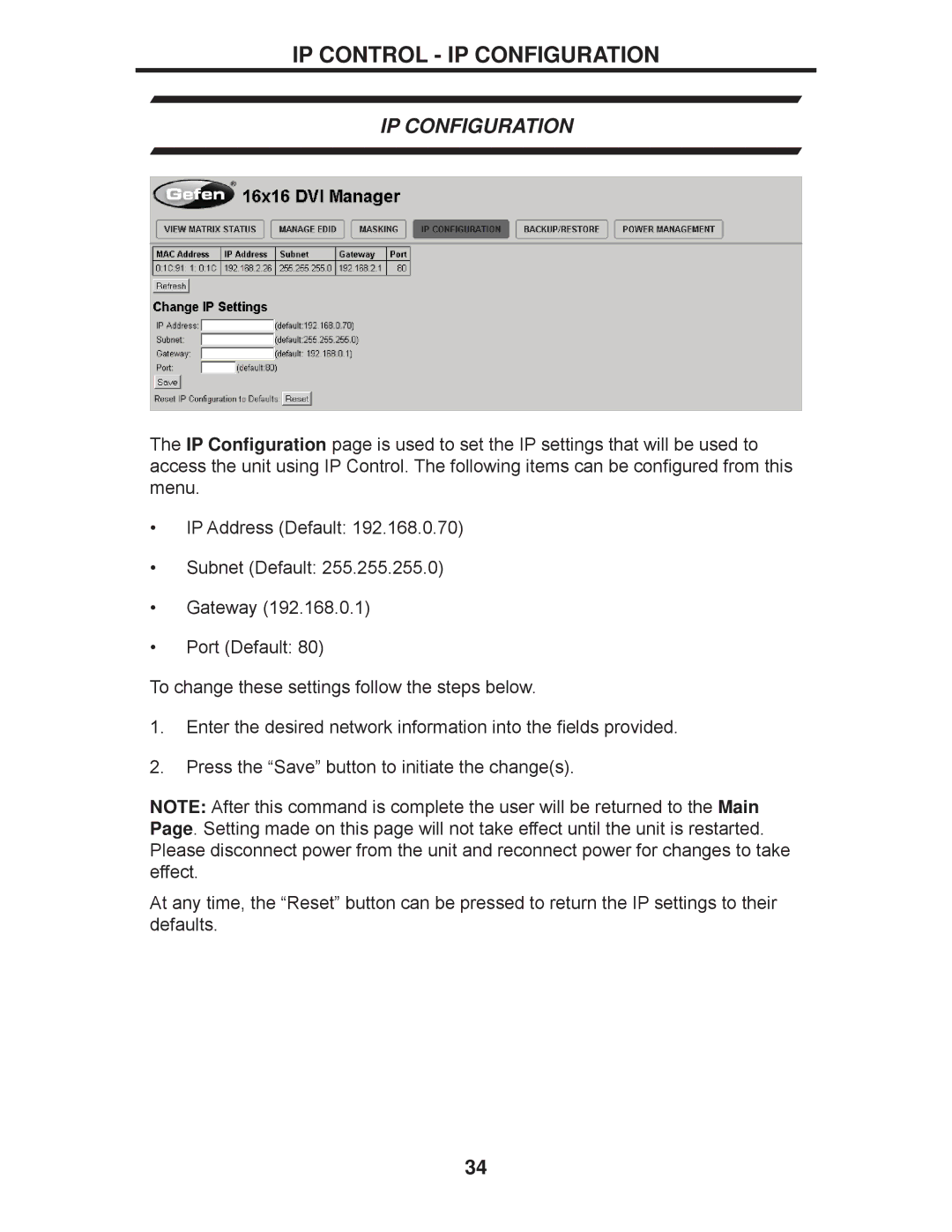 Gefen EXT-DVI-16416 manual IP Control IP Configuration 