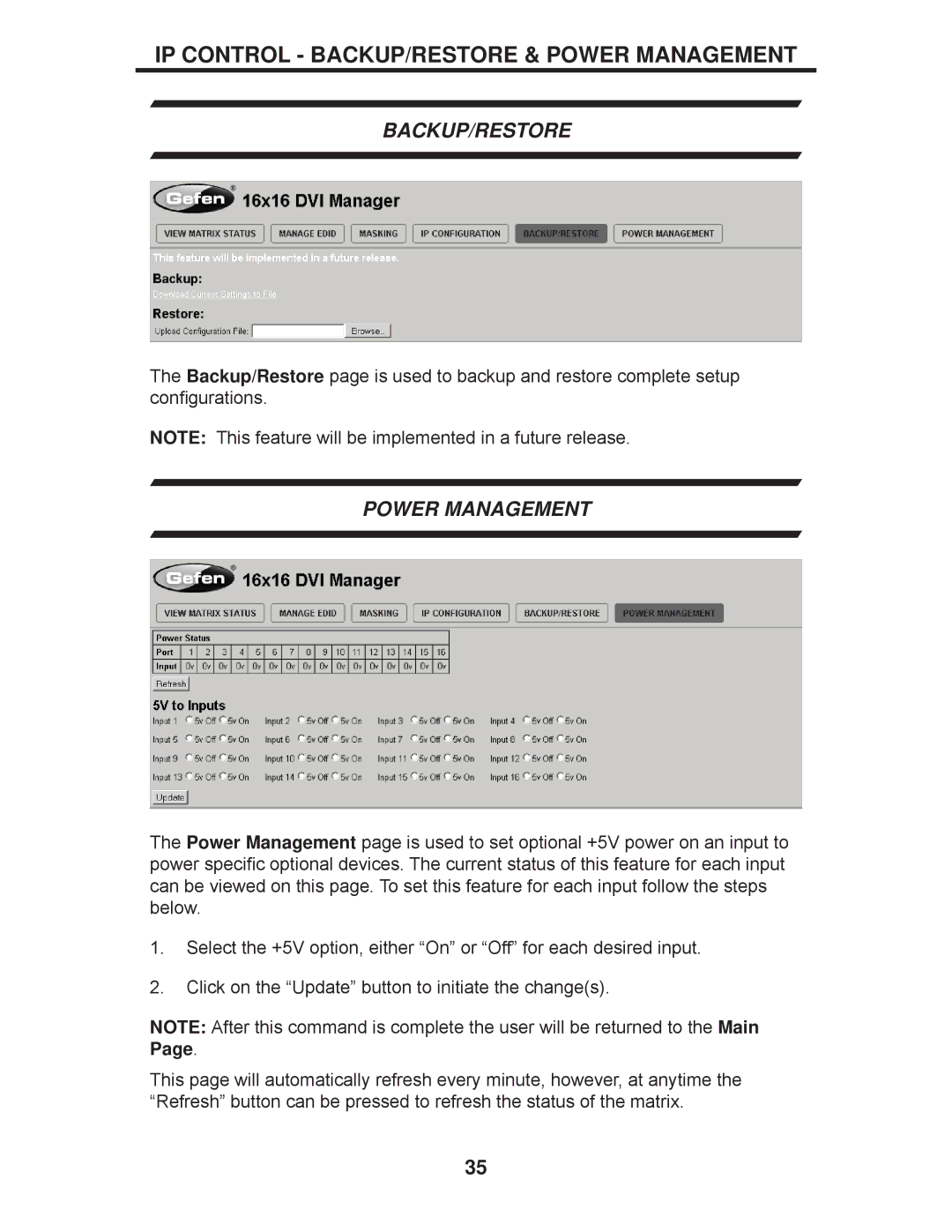 Gefen EXT-DVI-16416 manual IP Control BACKUP/RESTORE & Power Management 