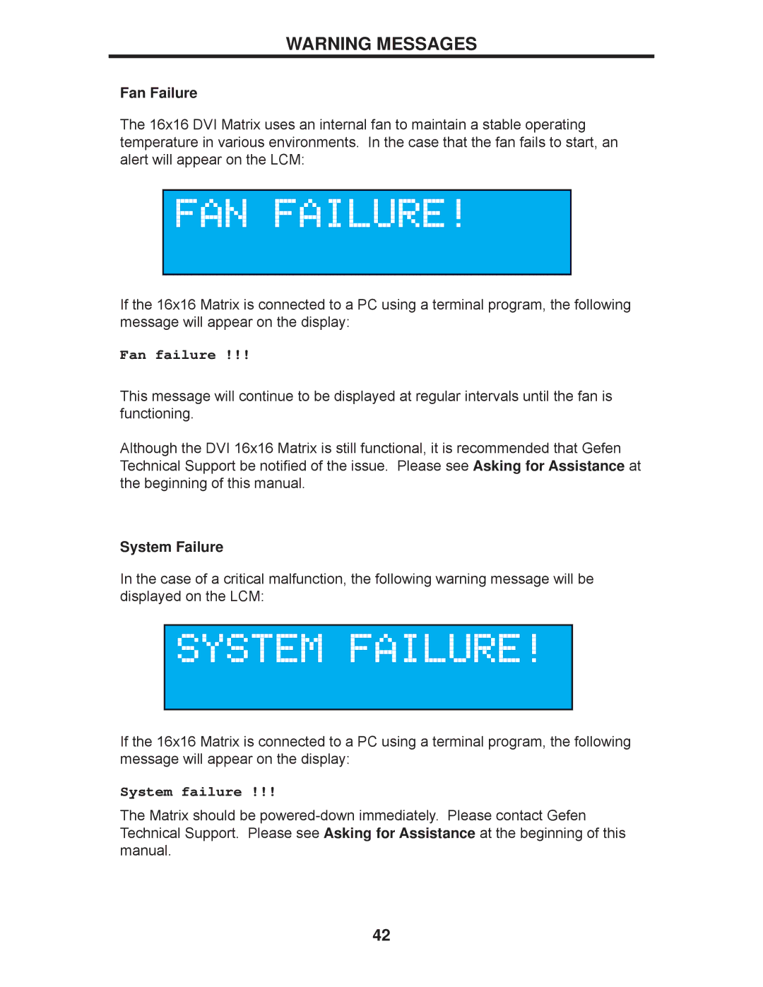 Gefen EXT-DVI-16416 manual Fan Failure, System Failure 