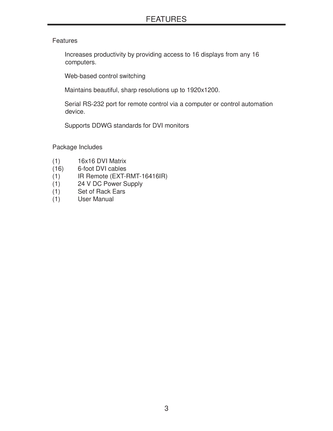 Gefen EXT-DVI-16416 manual Features, Package Includes 