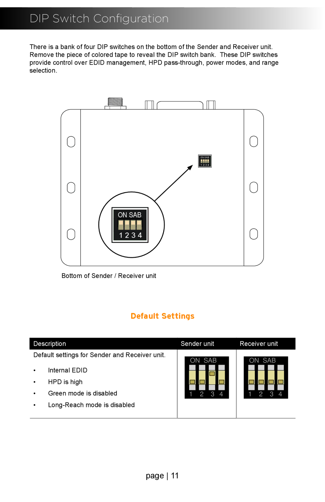 Gefen EXT-DVI-1CAT5-ELR user manual DIP Switch Configuration, Default Settings 