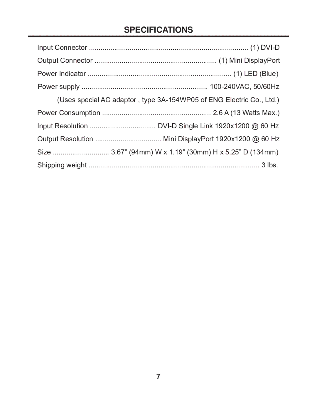 Gefen EXT-DVI-2-MDP user manual Specifications 