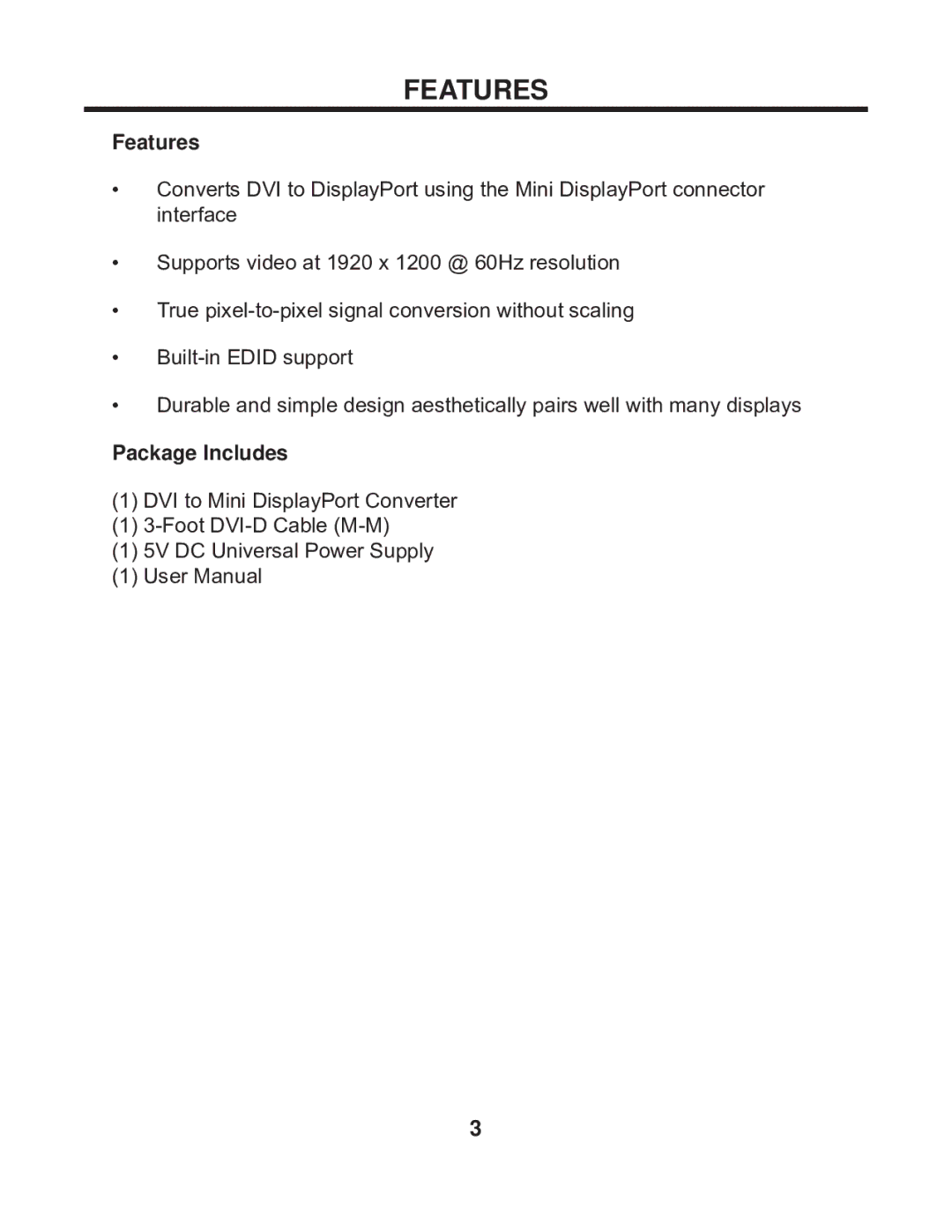 Gefen EXT-DVI-2-MDP user manual Features, Package Includes 