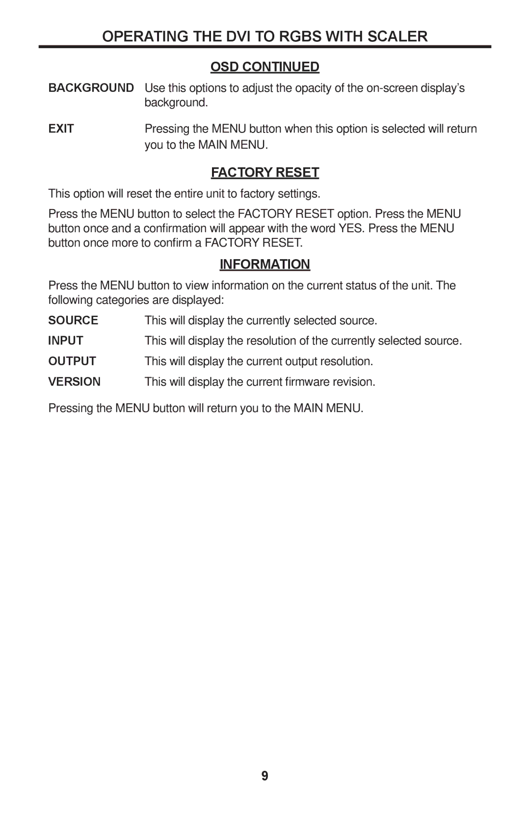 Gefen EXT-DVI-2-RGBSS user manual Factory Reset, Information 