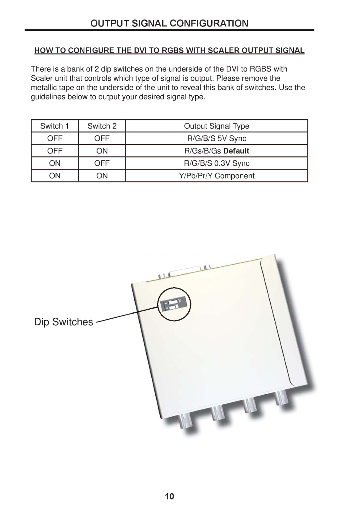 Gefen EXT-DVI-2-RGBSS user manual Output Signal Configuration, HOW to Configure the DVI to Rgbs with Scaler Output Signal 