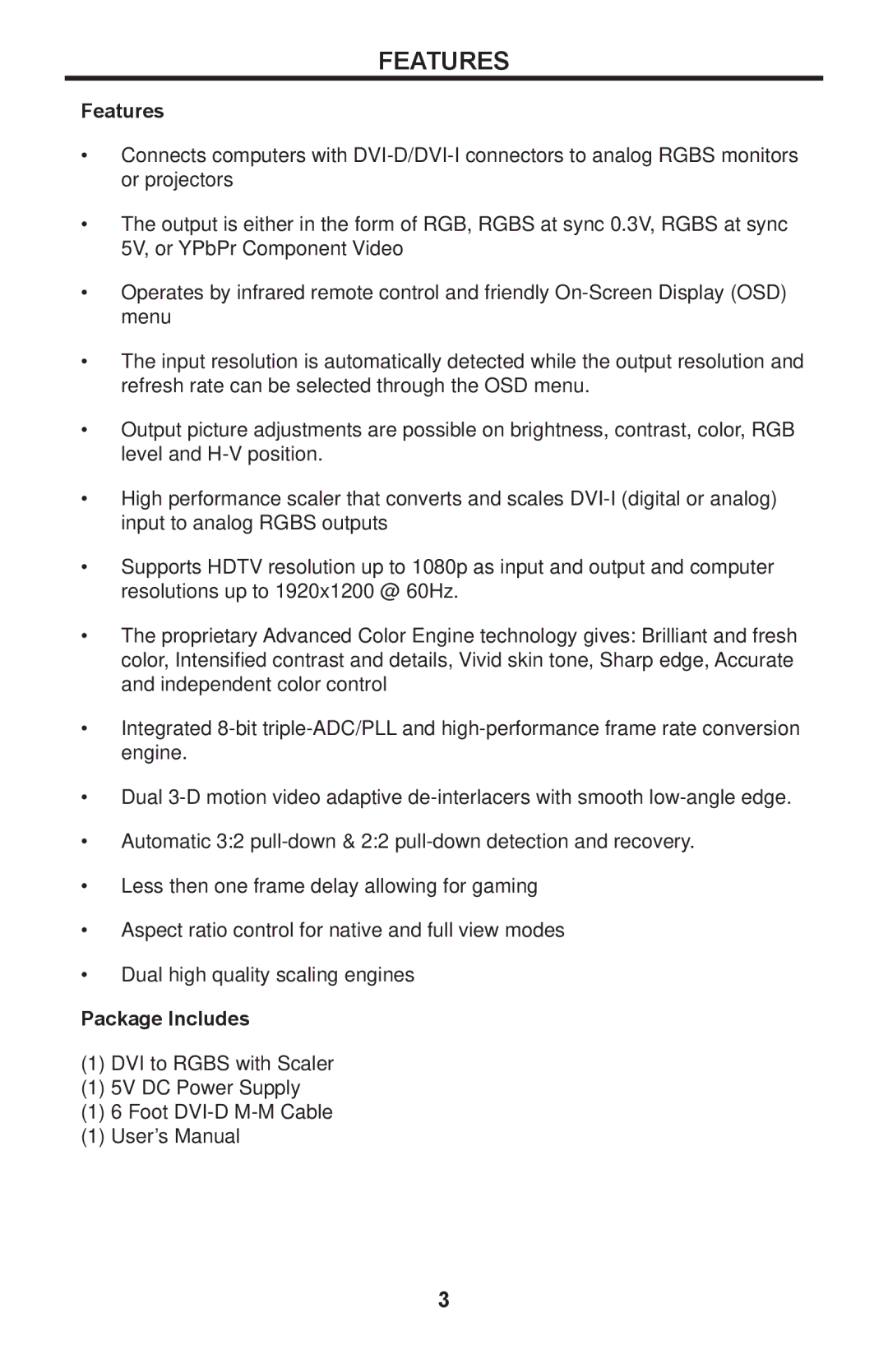 Gefen EXT-DVI-2-RGBSS user manual Features, Package Includes 