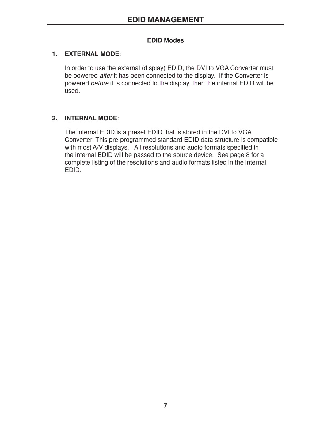 Gefen EXT-DVI-2-VGAN user manual Edid Management, Edid Modes 