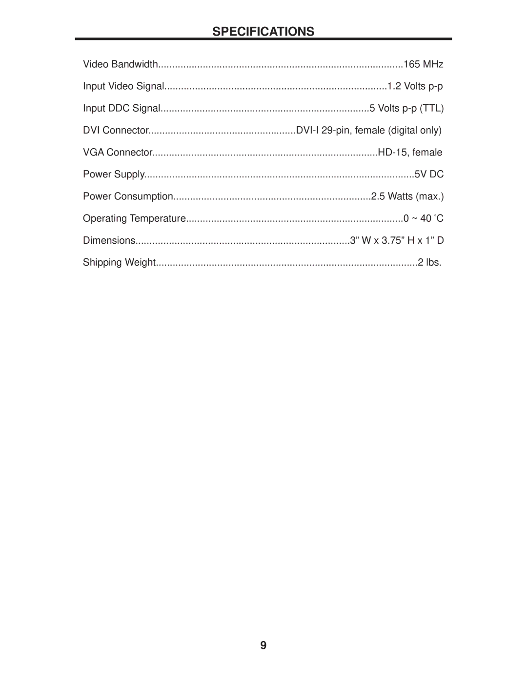 Gefen EXT-DVI-2-VGAN user manual Specifications, 5V DC 