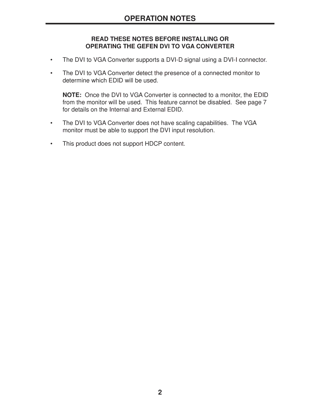 Gefen EXT-DVI-2-VGAN user manual Operation Notes 