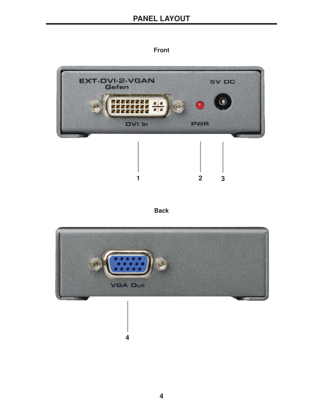 Gefen EXT-DVI-2-VGAN user manual Panel Layout, Front Back 