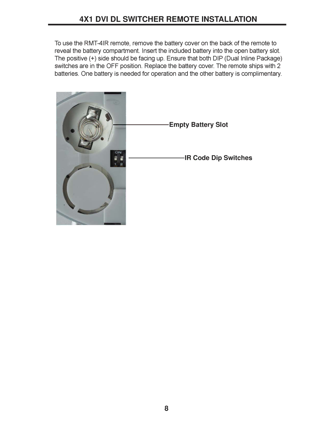 Gefen EXT-DVI-441DL user manual 4X1 DVI DL Switcher Remote Installation, Empty Battery Slot IR Code Dip Switches 