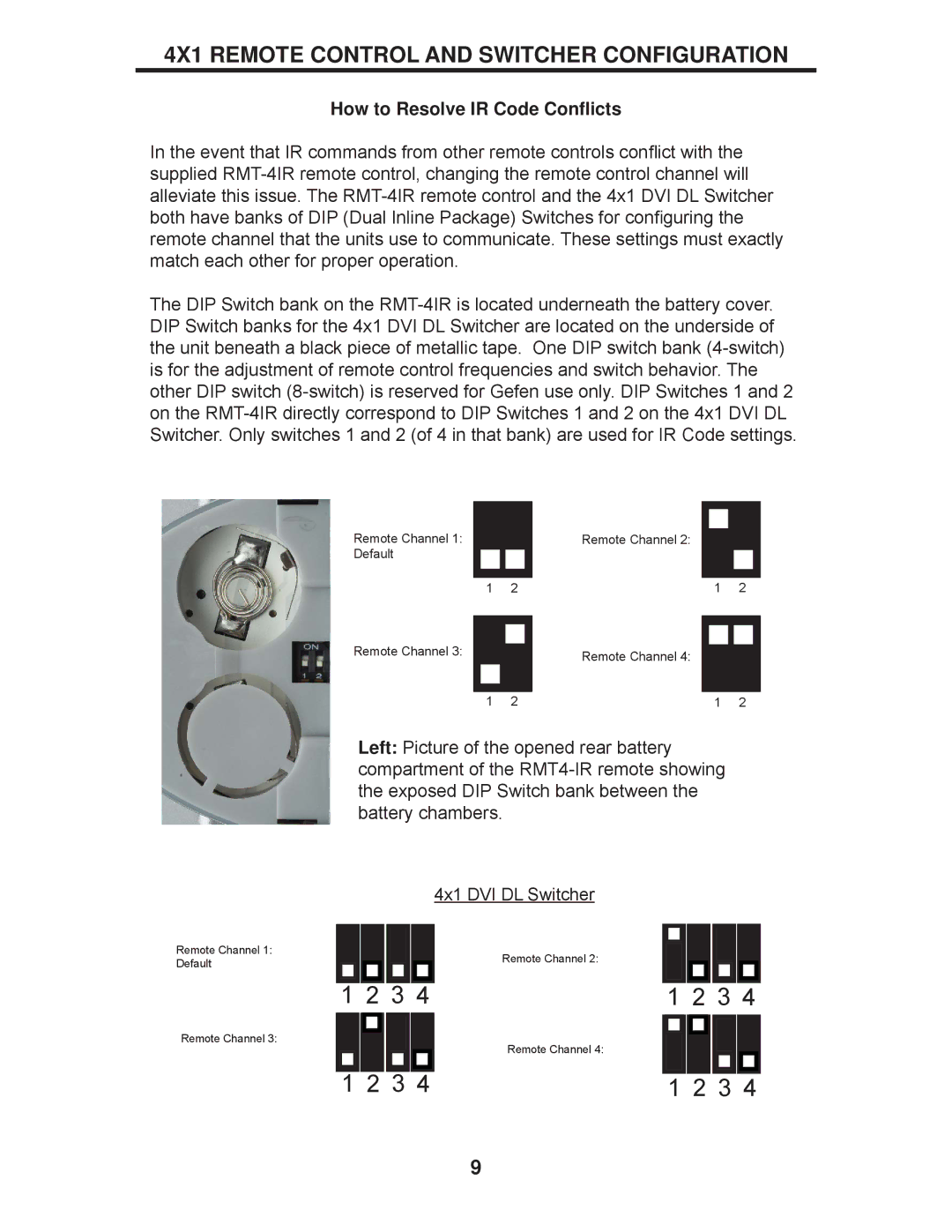 Gefen EXT-DVI-441DL user manual 4X1 Remote Control and Switcher Configuration, How to Resolve IR Code Conﬂicts 