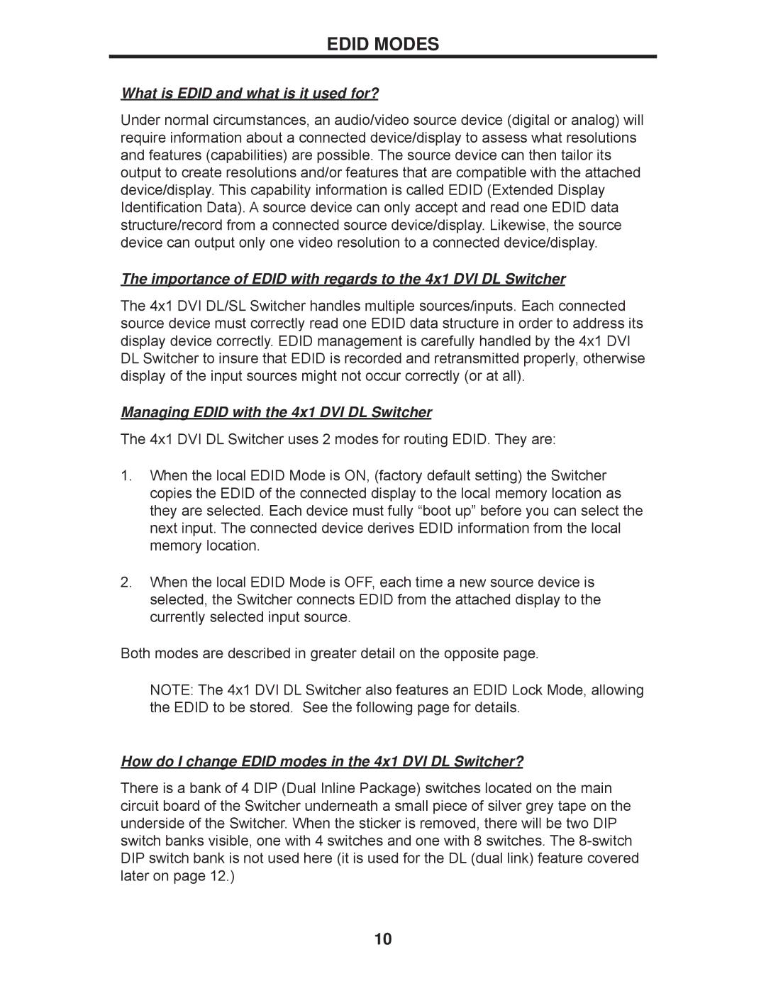 Gefen EXT-DVI-441DL Edid Modes, What is Edid and what is it used for?, Managing Edid with the 4x1 DVI DL Switcher 