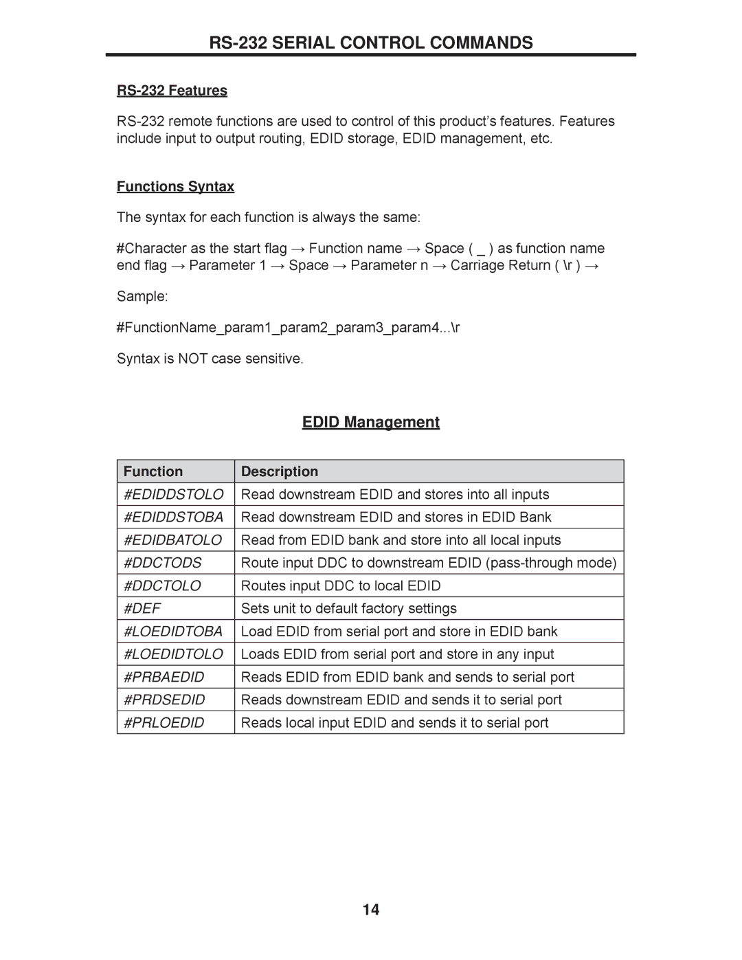 Gefen EXT-DVI-441DL user manual RS-232 Serial Control Commands, RS-232 Features, Functions Syntax, Function Description 