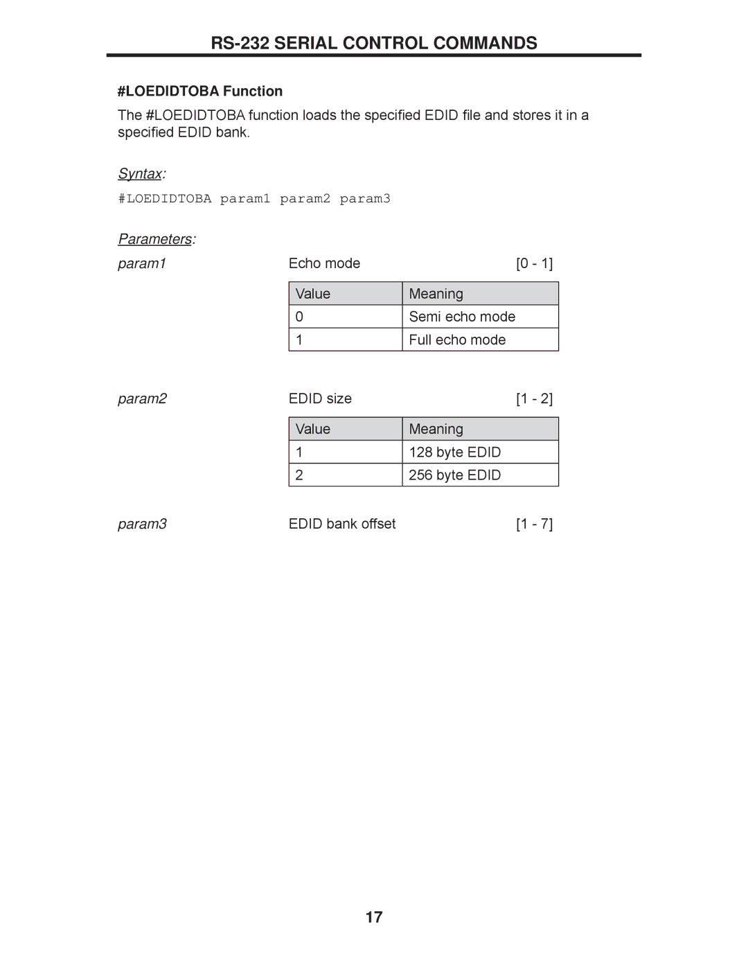 Gefen EXT-DVI-441DL user manual #LOEDIDTOBA Function, #LOEDIDTOBA param1 param2 param3 