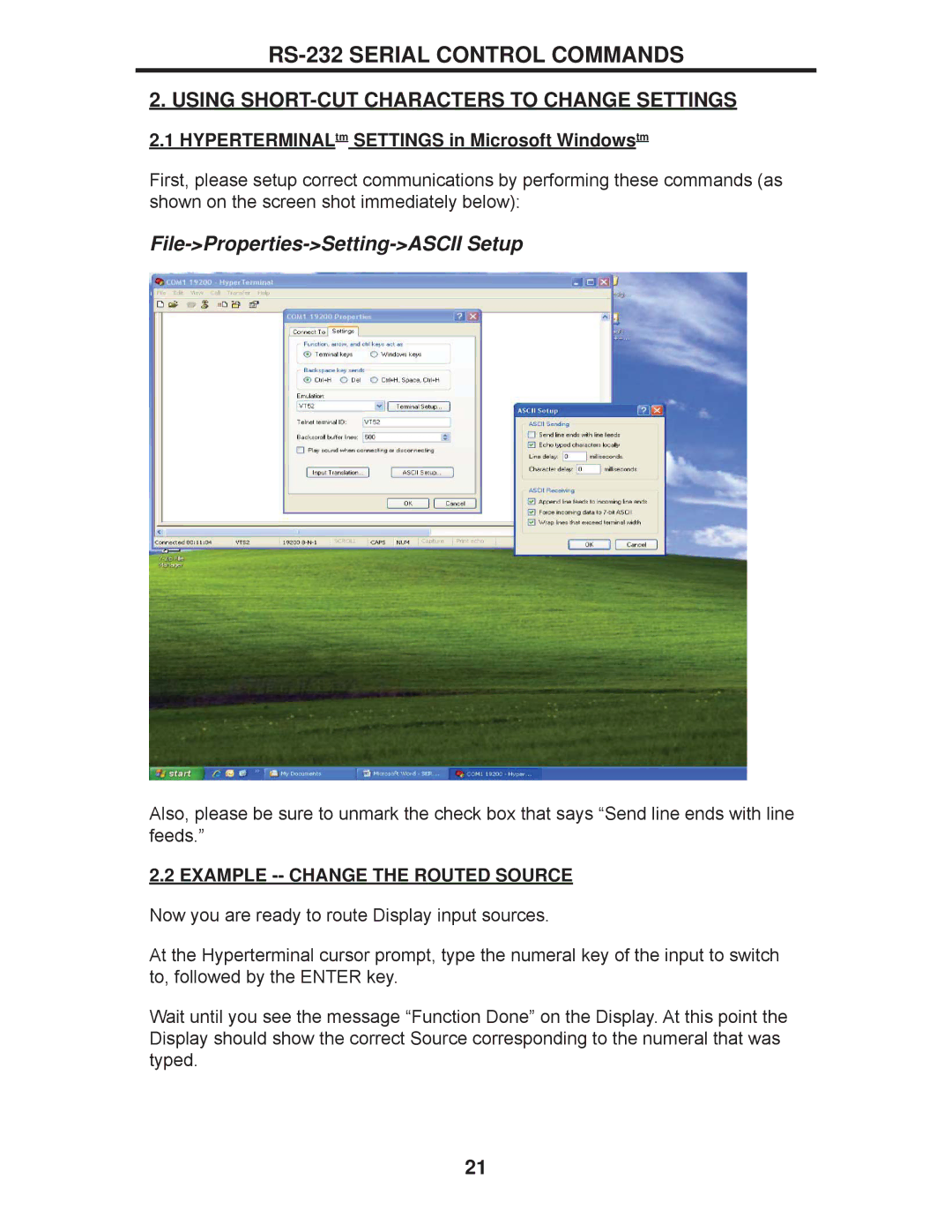 Gefen EXT-DVI-441DL Using SHORT-CUT Characters to Change Settings, HYPERTERMINALtm Settings in Microsoft Windowstm 