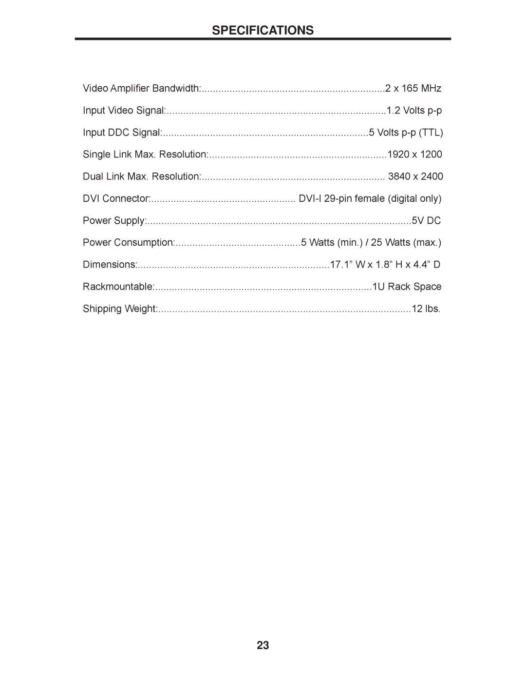 Gefen EXT-DVI-441DL user manual Specifications, 5V DC 