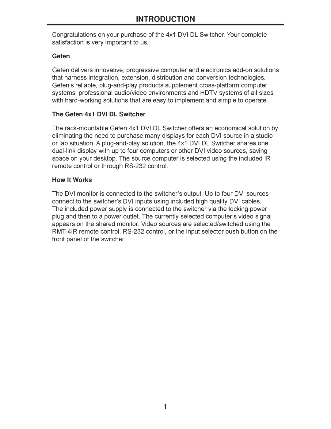 Gefen EXT-DVI-441DL user manual Introduction, Gefen 4x1 DVI DL Switcher, How It Works 