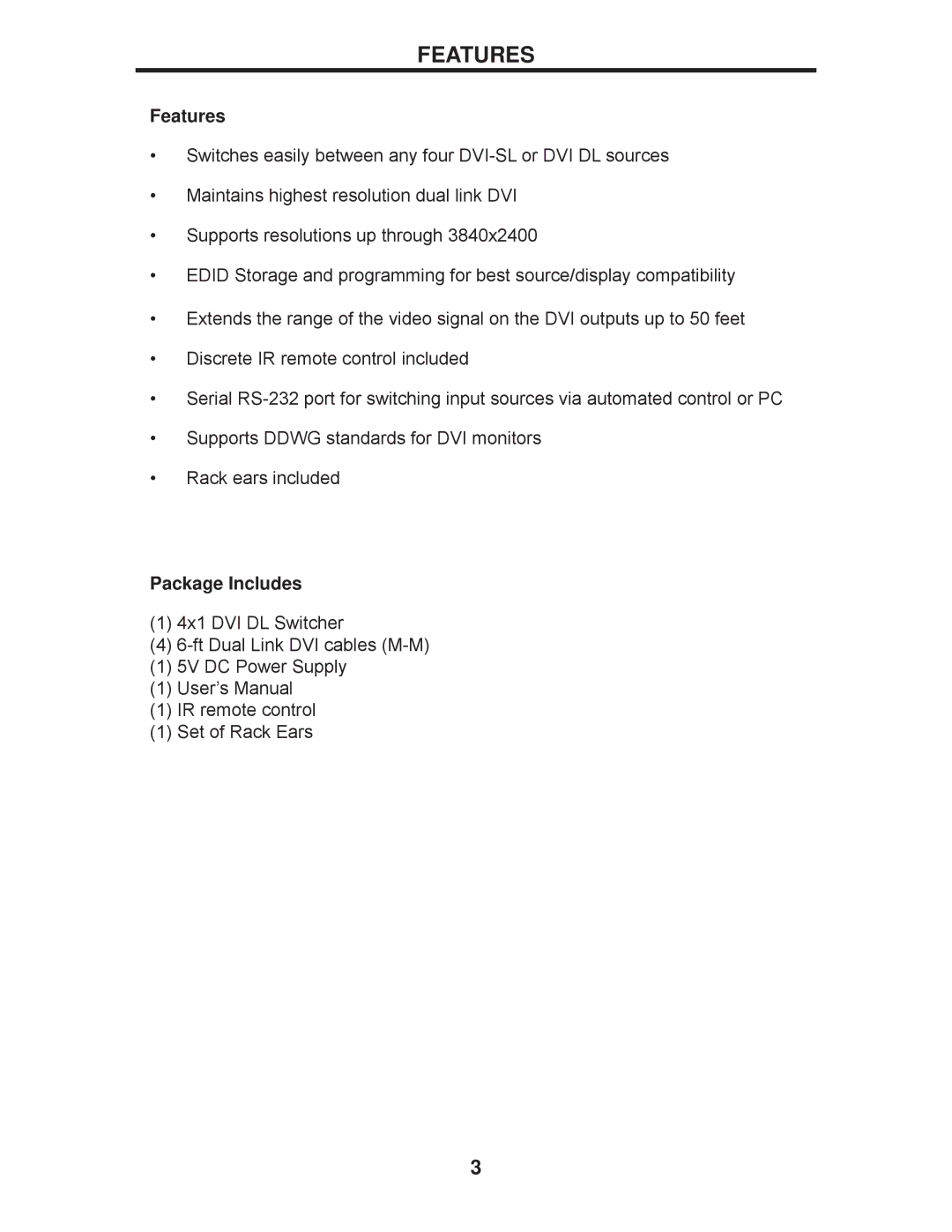 Gefen EXT-DVI-441DL user manual Features, Package Includes 