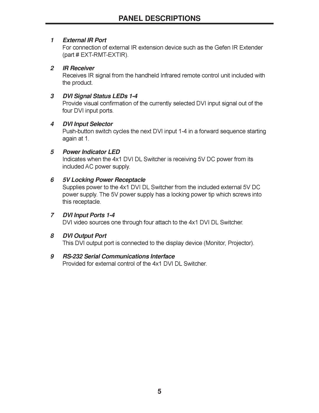 Gefen EXT-DVI-441DL user manual Panel Descriptions 