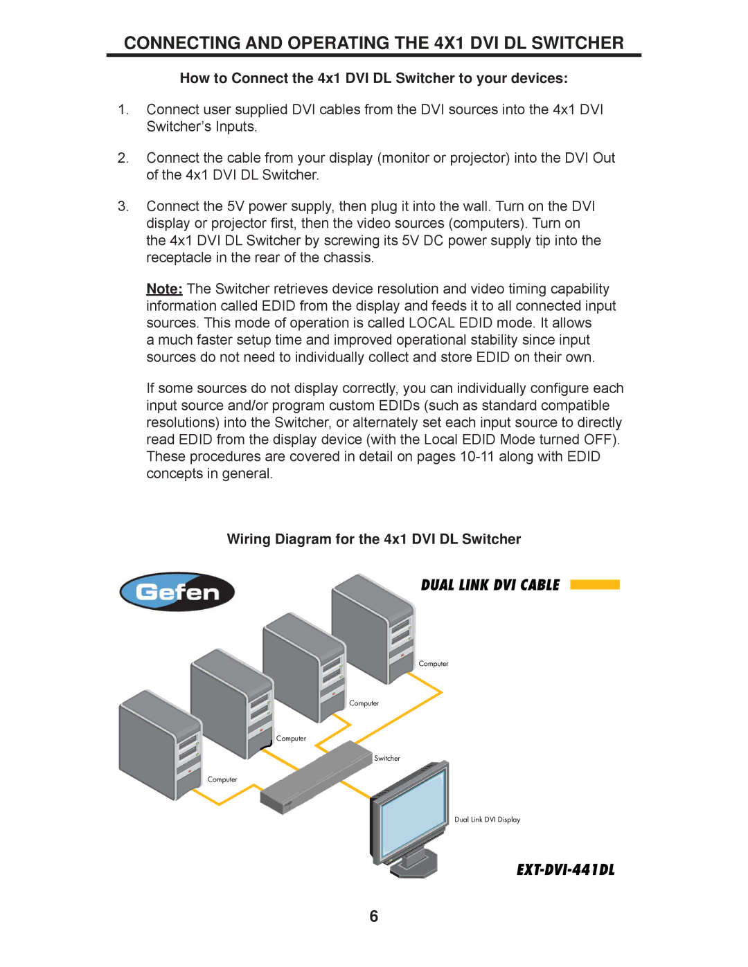 Gefen EXT-DVI-441DL Connecting and Operating the 4X1 DVI DL Switcher, Wiring Diagram for the 4x1 DVI DL Switcher 