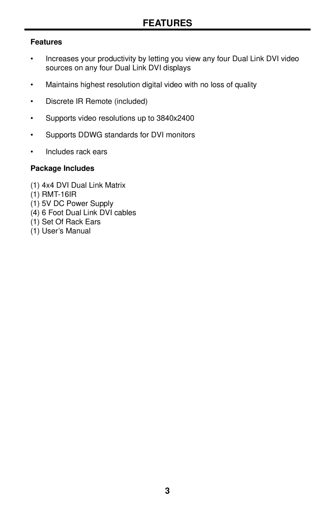 Gefen EXT-DVI-444DL user manual Features, Package Includes 