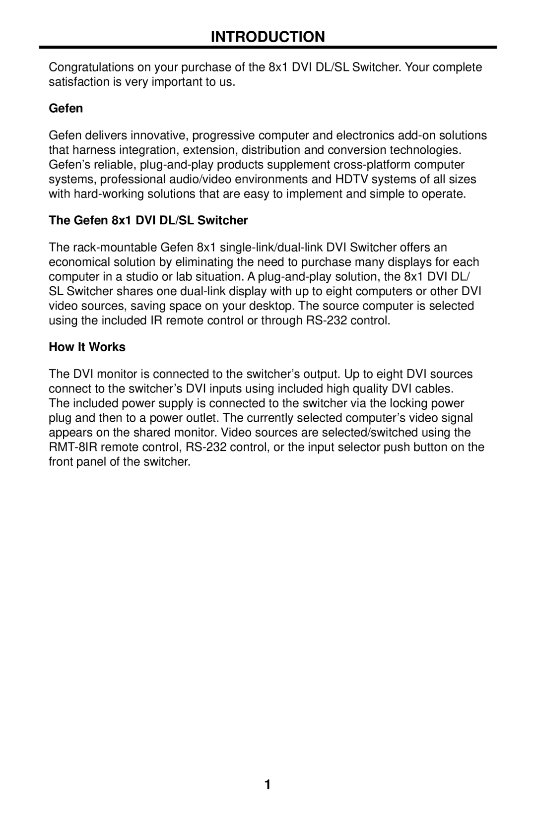 Gefen EXT-DVI-841DL user manual Introduction, Gefen 8x1 DVI DL/SL Switcher, How It Works 