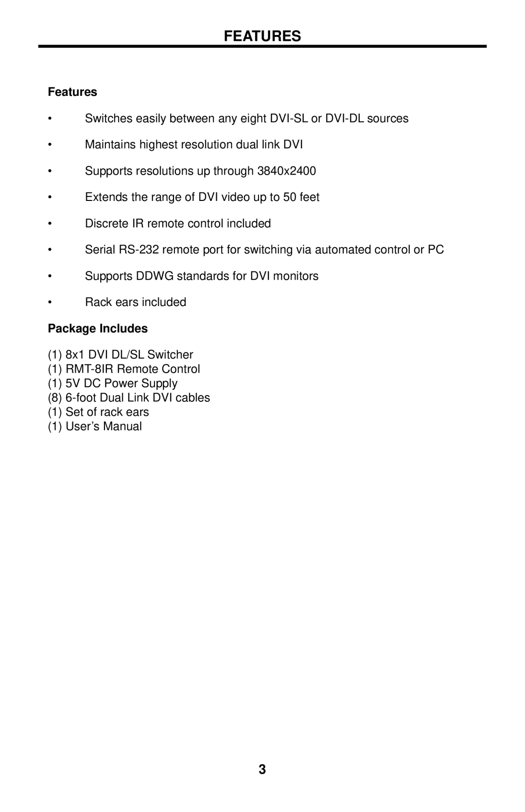 Gefen EXT-DVI-841DL user manual Features, Package Includes 