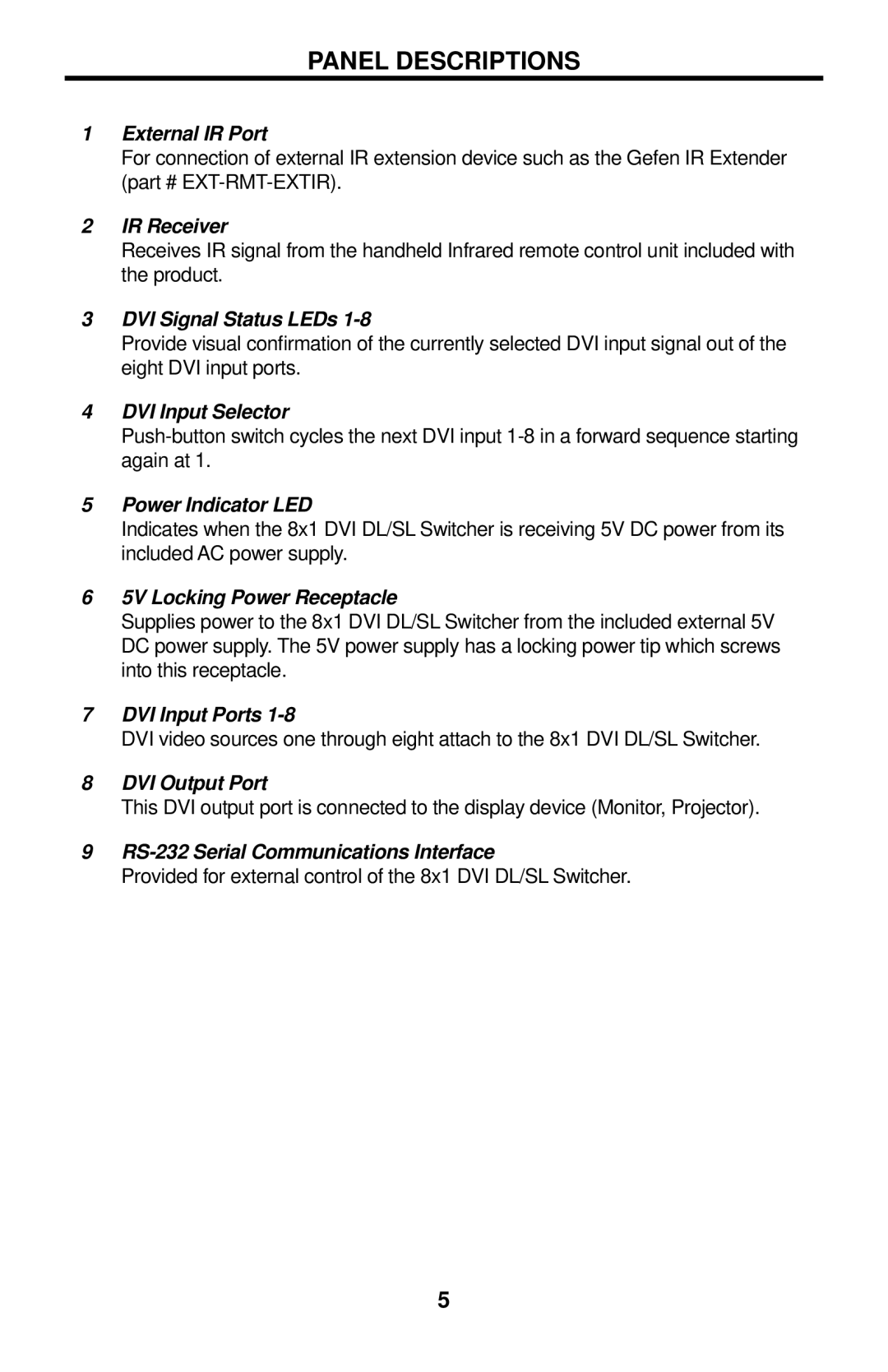 Gefen EXT-DVI-841DL user manual Panel Descriptions, External IR Port 